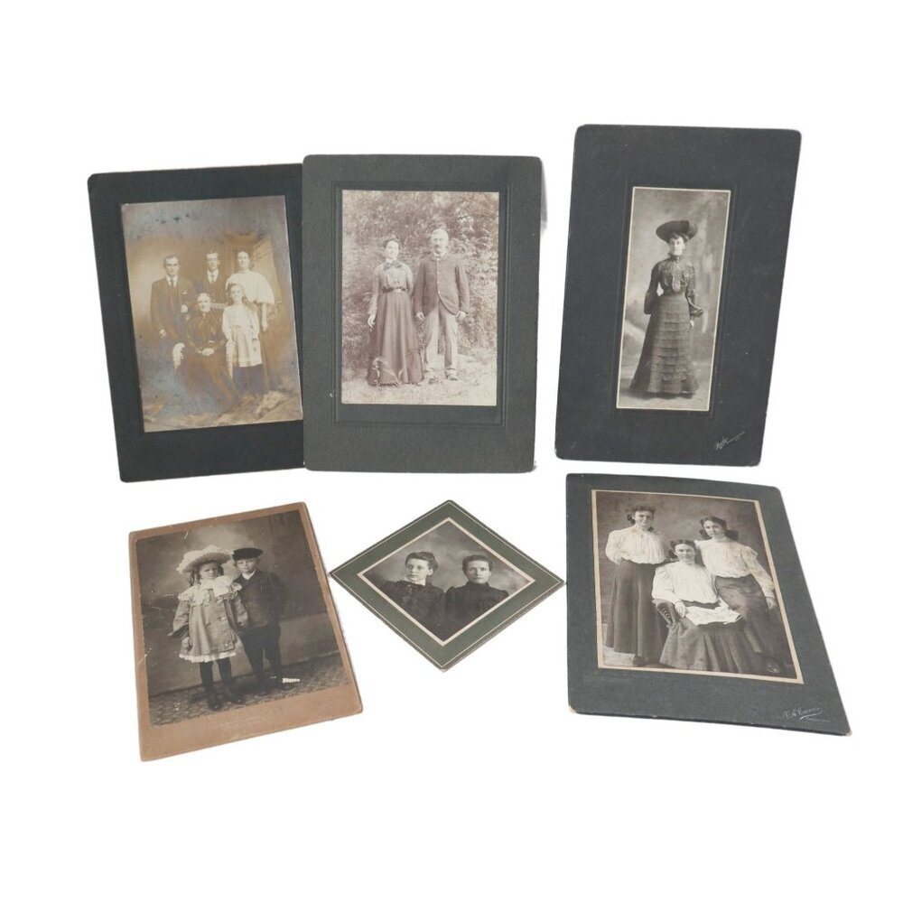 6 Victorian Photograph on Board Family Portrait Black White Picture Cabinet